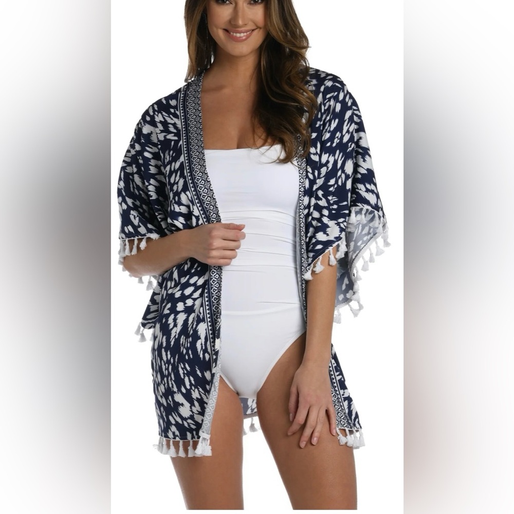 La Blanca Changing Tides Kimono Navy and White Tassel Swim Cover-Up. NWT